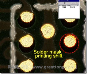 電路板BGA下面的防焊層印刷偏移，造成焊墊大小不一致。