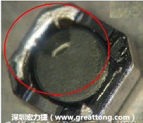 使用錫(Sn)鍍層的電源電感器(Power Inductors)，經(jīng)過(guò)推力測(cè)試后，其焊點(diǎn)還保留在零件的端點(diǎn)上，所以推力比較高。