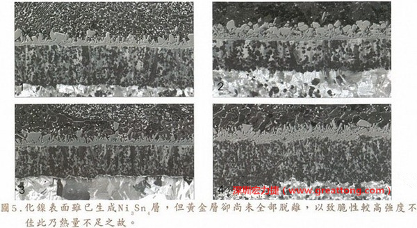 下面四圖顯示，當(dāng)焊接的熱量不足或未持續(xù)時(shí)，雖然Ni3Sn4的薄薄IMC層已經(jīng)生成而焊牢，但也會(huì)因?yàn)锳uSn及AuSn2還未來得及逸走，而停留在共金介面附近，當(dāng)有外力拉扯的時(shí)候，就很容易斷裂開來。這就是為何ENIG的焊點(diǎn)強(qiáng)度，始終不如銅面焊點(diǎn)(Cu6Sn5)來得更為牢固的主因之一。
