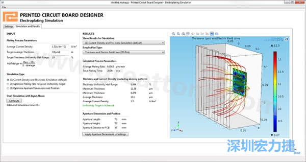 電鍍App的用戶界面。它支持PCB板設計人員上傳不同的設計，修改電鍍槽尺寸，以及加入特定尺寸的孔隙(可選)-深圳宏力捷