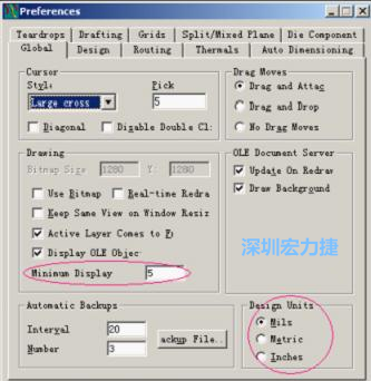 改單位Global→Design Units；改最小顯示線寬Global→Drawing