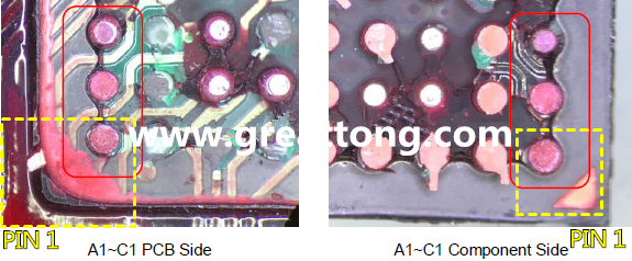 PIN-1的位置很重要，不知道Pin-1在哪里？那你怎么知道斷裂錫球在PCB的位置，如何判斷可能的應(yīng)力(Stress) 影響。一般在PCB的絲印層(白漆)上面一定會標(biāo)示零件的PIN-1位置，有的未打一個圓點，有的會畫三角形，但這張照片在PCB的PIN-1被紅墨水遮住了，如果可以的話建議那一塊沒有紅墨水的板子對照一下。