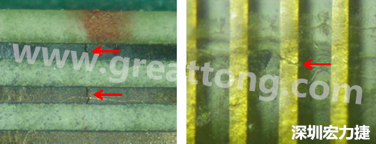 一旦找到確切的銅箔線路斷裂位置，如果還是無(wú)法觀察到斷裂的現(xiàn)象，就試著在顯微鏡下彎曲該位置的軟板，這樣就可以突顯并放大斷裂銅箔的開口了。 