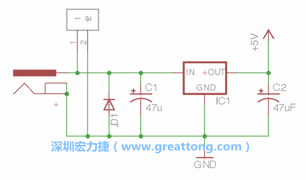 2.5.    新增一個二極體，它會以水平的狀態(tài)出現(xiàn)在屏幕上，請使用「旋轉(zhuǎn)（Rotate）」工具把它負極那一面朝上，并且用「網(wǎng)絡(luò)連接」工具將它連接在電壓調(diào)整器的輸入端和接地端之間。