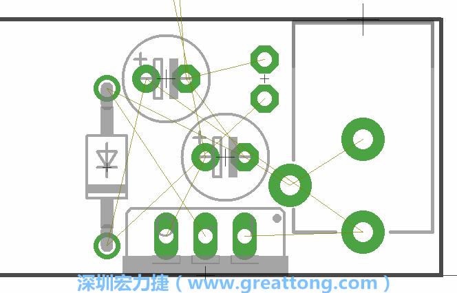 如同第一篇的步驟，我們將從電源迴路開(kāi)始著手，移動(dòng)電源插座（Power Jack）、電壓調(diào)整器、二極體、兩個(gè)電容和輔助接頭JP1到如上圖所示的位置。