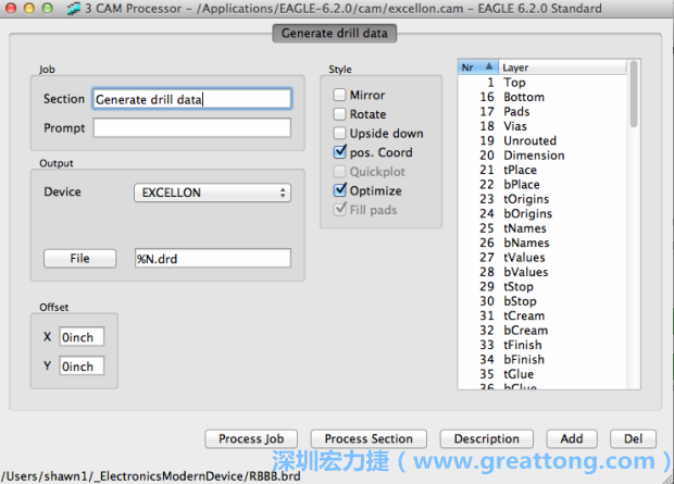 打開「excellon.cam」的工作項(xiàng)目并建立drill文件（副檔名為「.dri」和「.drd」），之后你只會用到「.drd」的文件檔；「.dri」的文件只是解釋用資料（所謂后設(shè)資料）而已。