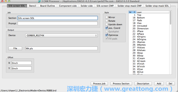 假如你有匯入點(diǎn)陣圖圖層（抑或是有某個圖層是你不想要它們出現(xiàn)在絲印上的），請?jiān)俅未_認(rèn)標(biāo)簽列下面被指定的圖層都是正確無誤的。
