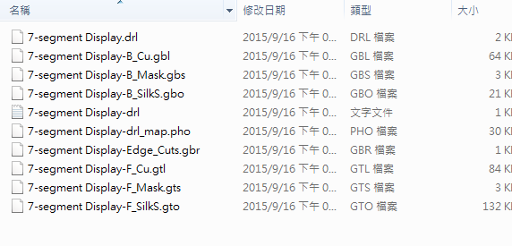所謂Gerber檔，其實是包含一群檔案 (如下圖所示)，如包含正反面銅箔層 F.Cu B.Cu.，正反面文字面 F.Silkscreen ，B.Silkscreen，防焊層 SolderMask、板邊裁切Edge.Cuts 等。