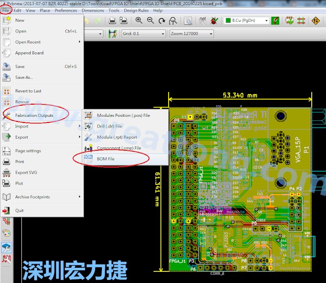 在Kicad的PCB Editor, 點(diǎn)選 File->Fabrication Outputs->BOM File, 即可產(chǎn)生一個(gè) .csv 的Excel 檔案。
