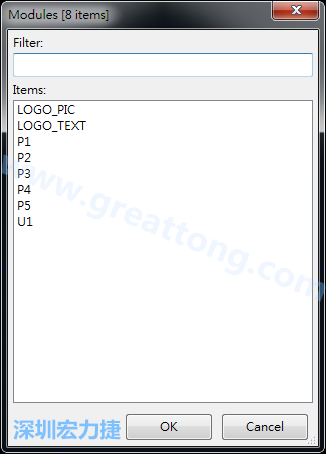 從目前正在編輯的PCB載入Module， 會顯示有那些項(xiàng)目可載入。點(diǎn)選一個(gè)， OK后即完成載入
