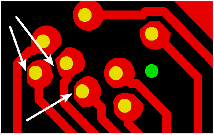 按源文件文件數(shù)據(jù)計(jì)算，孔邊緣到線邊緣6mil，孔環(huán)4mil，環(huán)到線只有2mil，保證環(huán)到線之間有3mil的安全間距需削1mil焊環(huán)，削后焊盤(pán)只有3mil