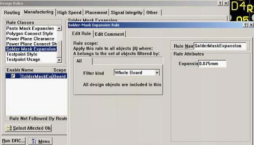 5. 而對(duì)于阻焊的調(diào)整則可以通過(guò)按D、R調(diào)出[Manufacturing]制作設(shè)計(jì)規(guī)則的[Solder-Mask Expansion Rule]設(shè)置項(xiàng)直接設(shè)定單邊放大值