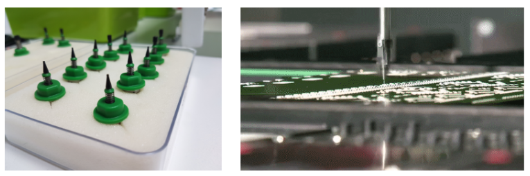 用來吸取零件的小吸盤（左），自動機械臂將零件迅速向下扔（右）